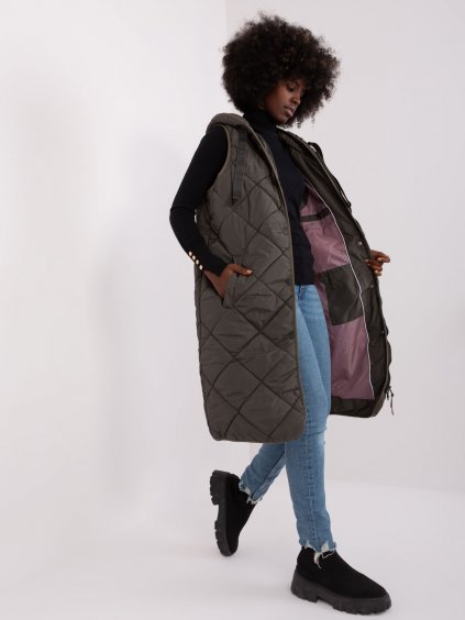 Khaki dámská dlouhá vesta s kapucí
