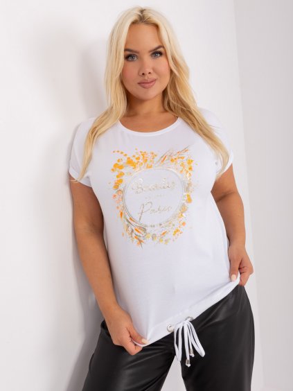 Bílooranžové dámské tričko s krátkým rukávem plus size se stahovací šňůrkou - RELEVANCE