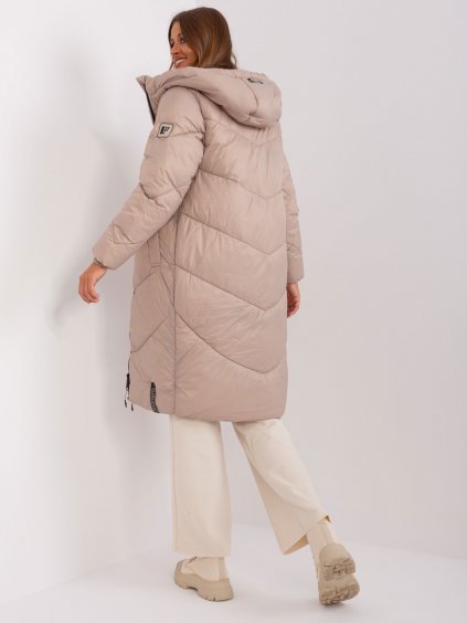 Dámská tmavě béžová dlouhá zimní bunda s kapucí - SUBLEVEL