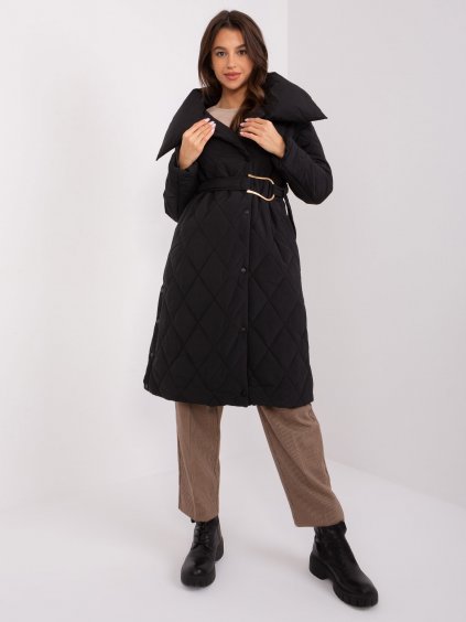 Dámský černý prošívaný zimní kabát s páskem