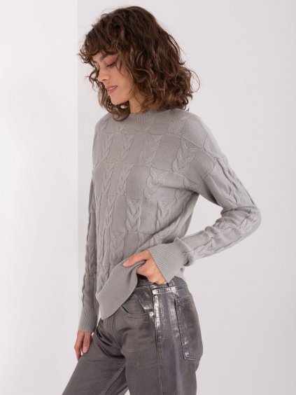 Dámský šedý pletený svetr s copánky - WOOL FASHION ITALIA