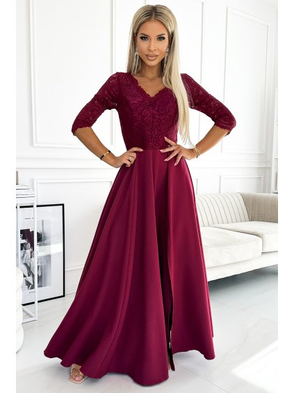 249933 elegantni dlouhe spolecenske maxi saty s krajkovym vystrihem amber vinove numoco