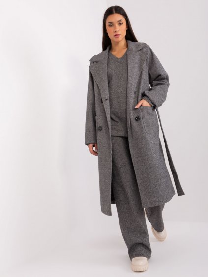 Tmavě šedý dlouhý dámský kabát s kapsami - LAKERTA