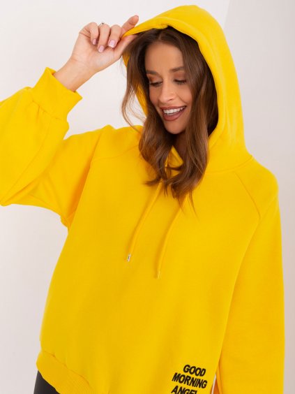 Žlutá zateplená dámská oversize mikina s kapucí a nápisem - EX MODA