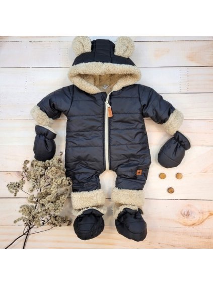 Zimní prošívaná kombinéza s kožíškem a kapucí + rukavičky + botičky, Z&Z - černá