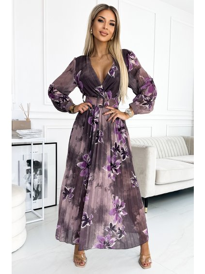 Plisované šifonové dlouhé šaty s výstřihem, dlouhými rukávy a širokým páskem - fialové velké květy - NUMOCO