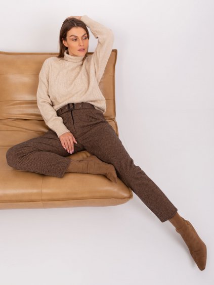 Hnědo-černé dámské proužkované kalhoty s páskem - LAKERTA