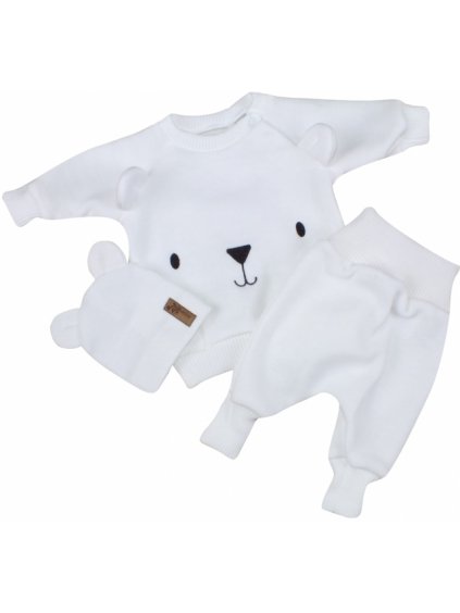 Pletená kojenecká sada 3D Medvídek, svetřík, tepláčky + čepička Kazum, bílá