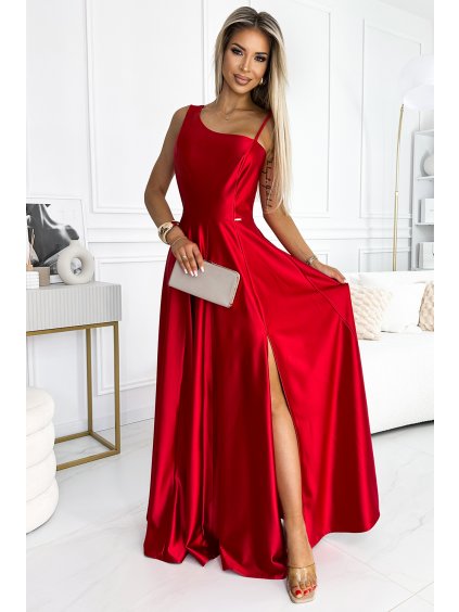 Dlouhé elegantní saténové šaty na jedno rameno - červené - NUMOCO