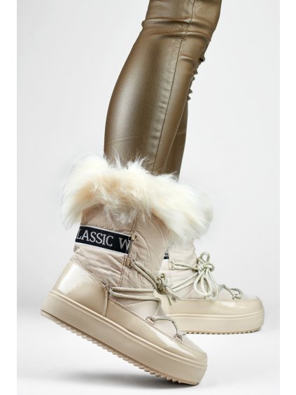 Dámské sněhule - vysoké béžové zateplené boty s kožešinou