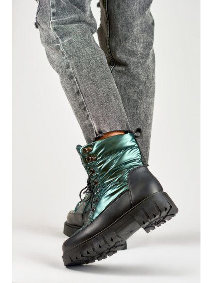 Dámské zateplené zimní boty/sněhule - metalicky zelené
