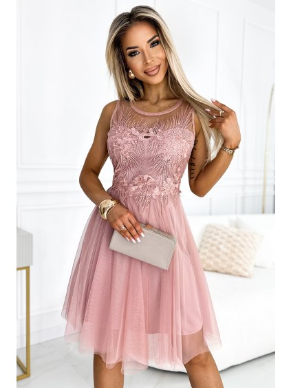 Plesové/společenské šaty CATERINA s krajkou a jemným tylem - pudrově růžové - NUMOCO