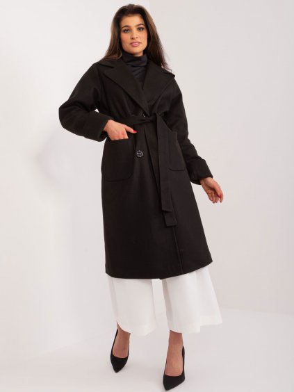 Černý dámský kašmírový kabát s páskem - LAKERTA