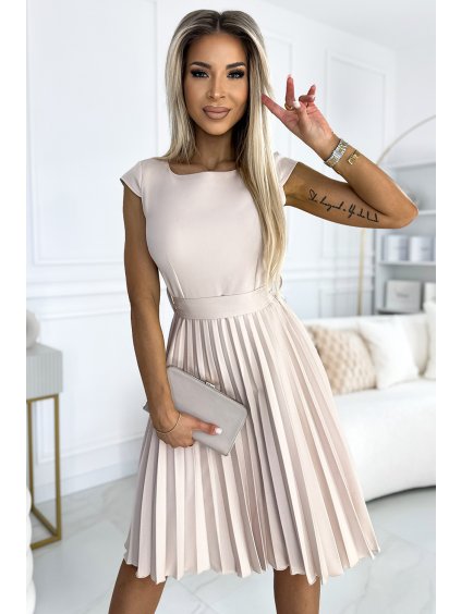 267019 plisovane saty lila s kratkymi rukavy a paskem bezove numoco