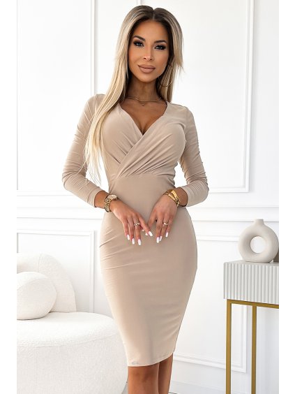 268569 prilehave saty s obalkovym vystrihem a dlouhymi rukavy bezova barva numoco