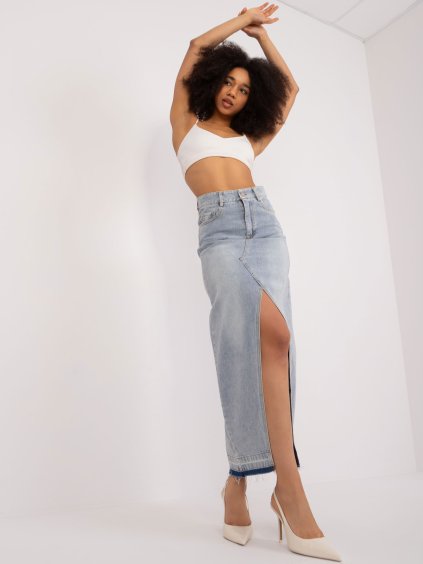 268902 6 svetle modra damska dlouha dzinova sukne s rozparkem