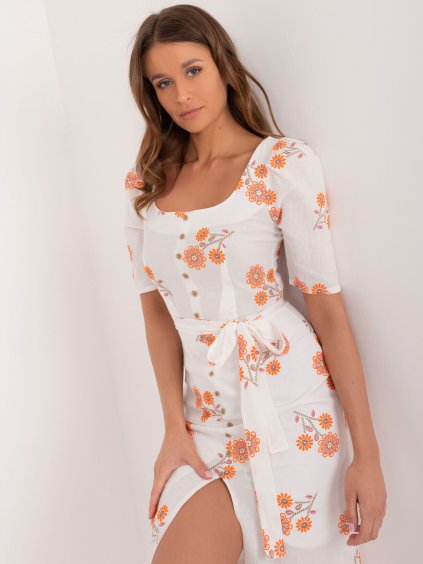 Ecru-oranžové dámské šaty s krátkým rukávem - LAKERTA