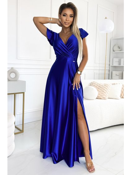 Elegantní saténové dlouhé šaty s výstřihem - královsky modré - NUMOCO