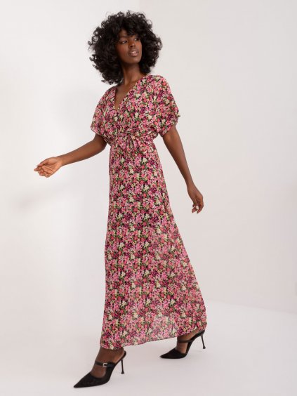 Černo-růžové dlouhé dámské šaty s květinovými vzory - ITALY MODA