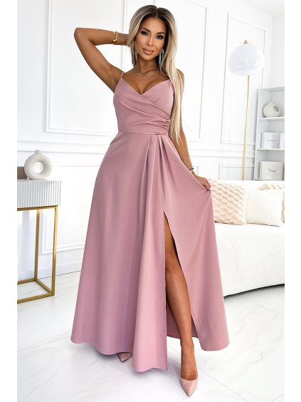 Elegantní společenské maxi šaty na ramínka - růžové - NUMOCO