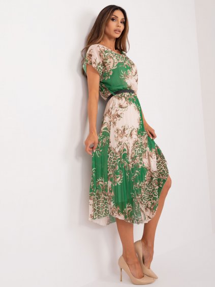 Zeleno-béžové řasené dámské šaty se vzory - ITALY MODA