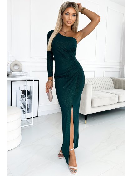 Dámské dlouhé drapované šaty na jedno rameno s rozparkem – lahvově zelené třpytivé (limitovaná edice)- NUMOCO