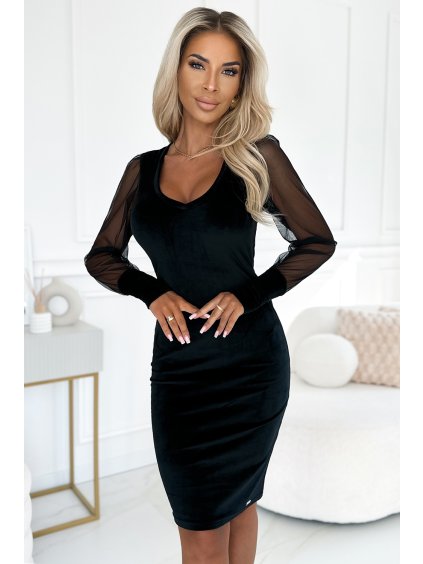 282399 elegantni velurove saty s tylovymi rukavy cerne numoco