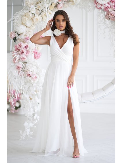 287619 dlouhe saty s rozparkem a s paskem s ruzi ecru bicotone