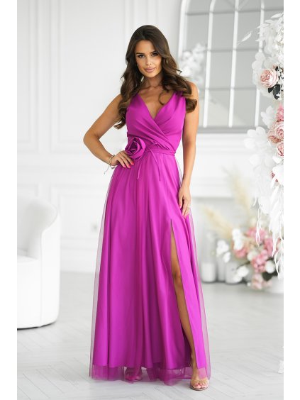 287634 3 dlouhe saty s rozparkem a s paskem s ruzi fialova bicotone