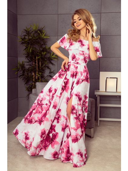 Dlouhé šaty s volánem - velké růžové květy - 194-2