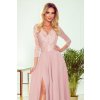 AMBER elegantní krajkové dlouhé šaty s výstřihem - růžové - 309-4