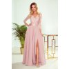 AMBER elegantní krajkové dlouhé šaty s výstřihem - růžové - 309-4