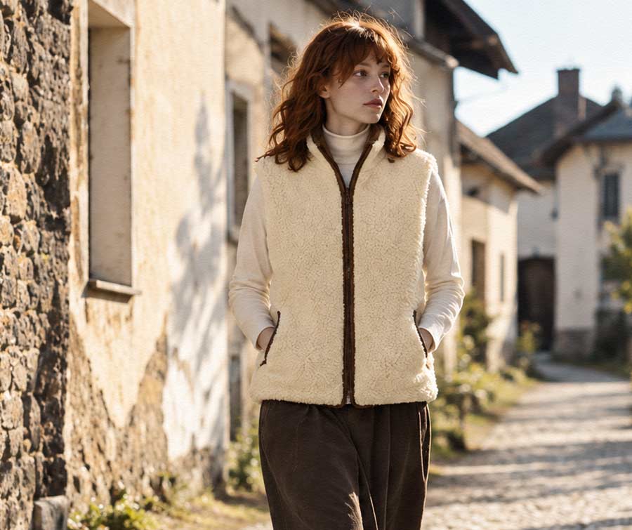 Žena v dámskej Merino veste Matesko počas jesennej prechádzky