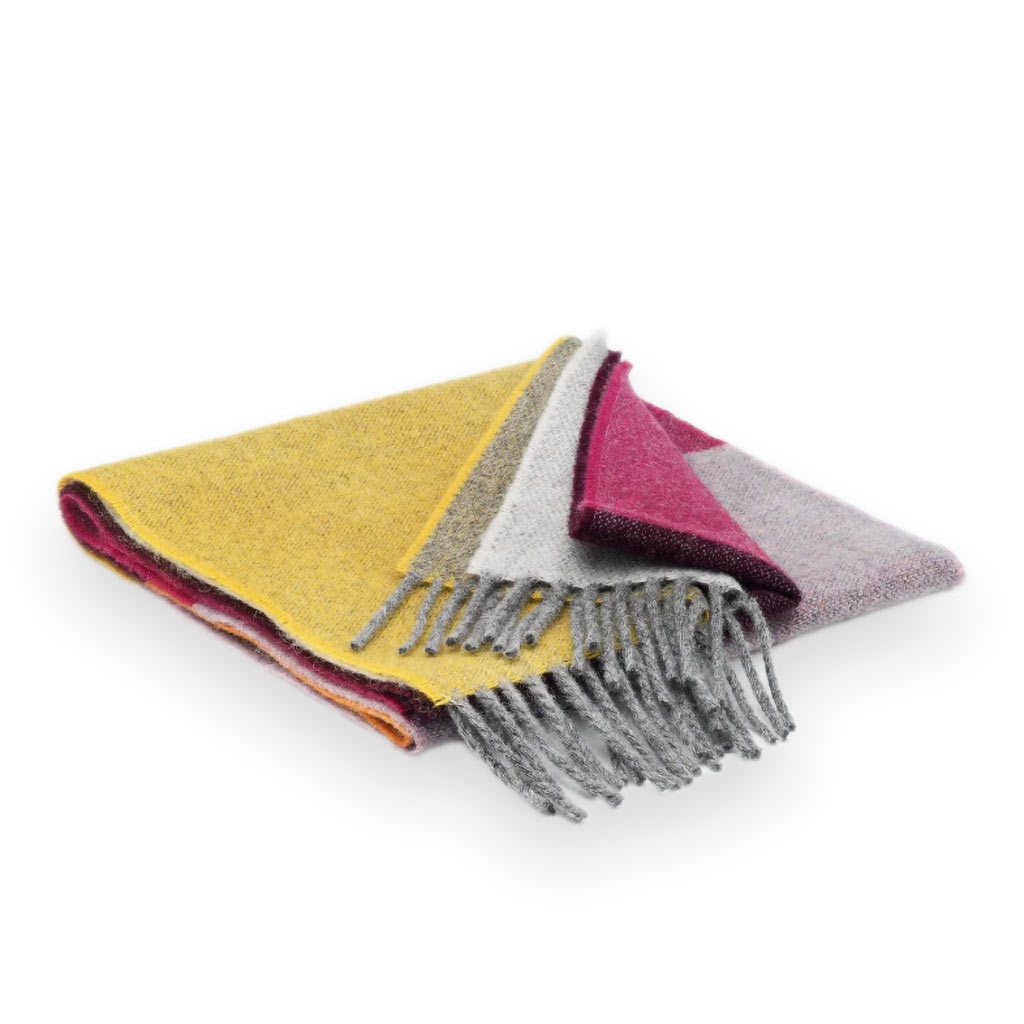 Dámsky vzorovaný merino šál – color-block: magenta, burgundy, lila, horčicová, sivá, antracit