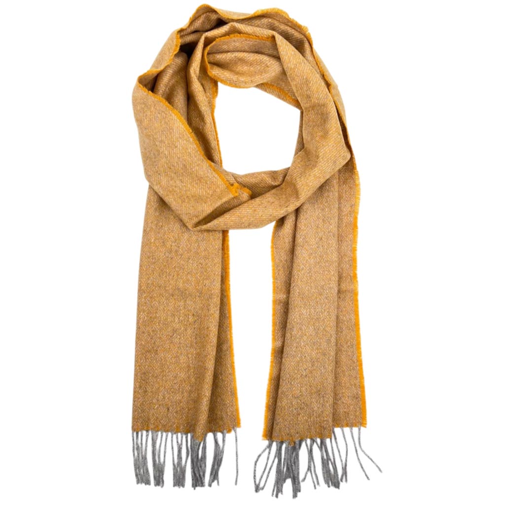 Kašmírový šál – 100 % kašmír, horčicová farba, detail úpletu