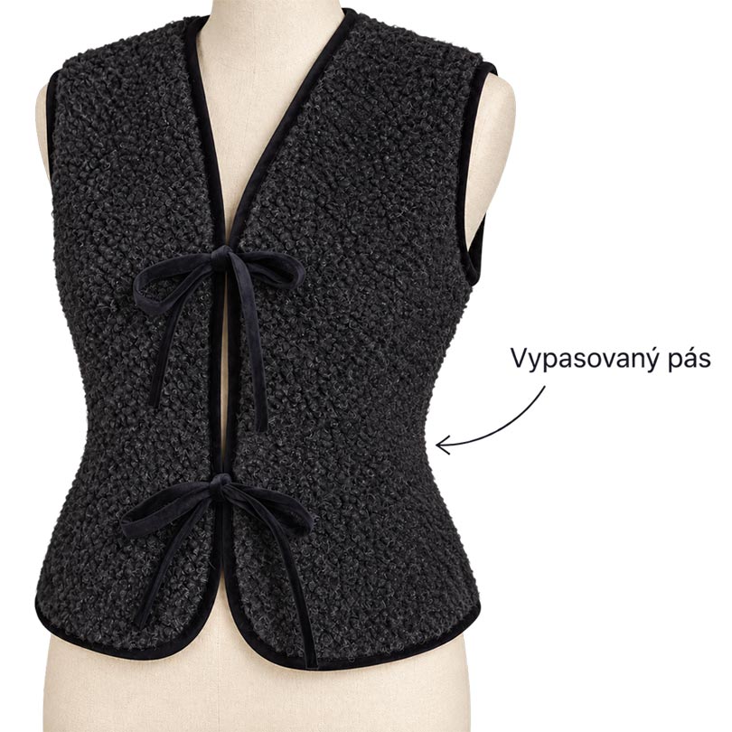 Detail čiernej mestskej dámskej vesty Matesko – lemovanie a viazanie