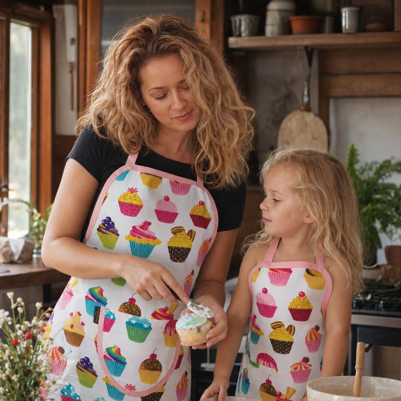 Mama a dcéra v kuchynských zásterách s muffinovým vzorom
