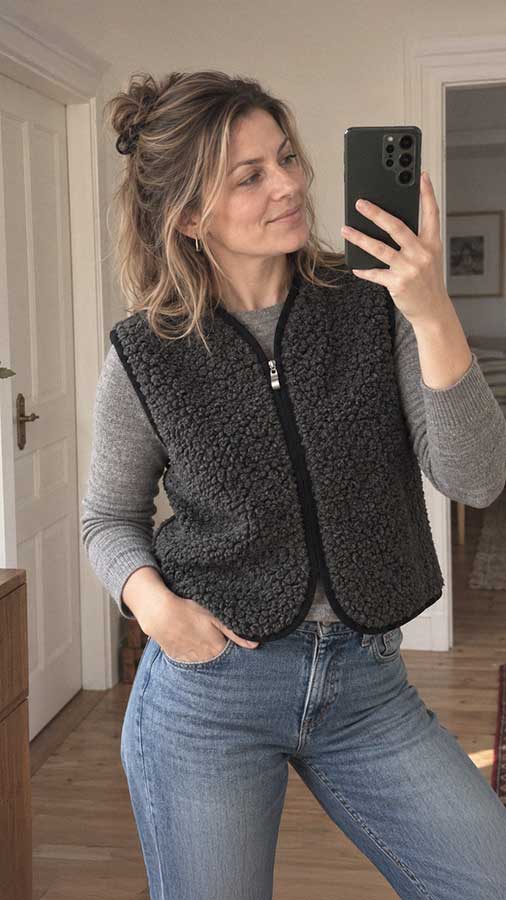 Čierna dámska vlnená vesta Matesko v outfite