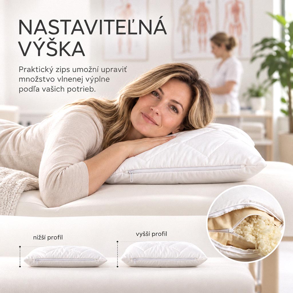Nastaviteľná výška vlneného vankúša pomocou merino guličkovej výplne a zipsu
