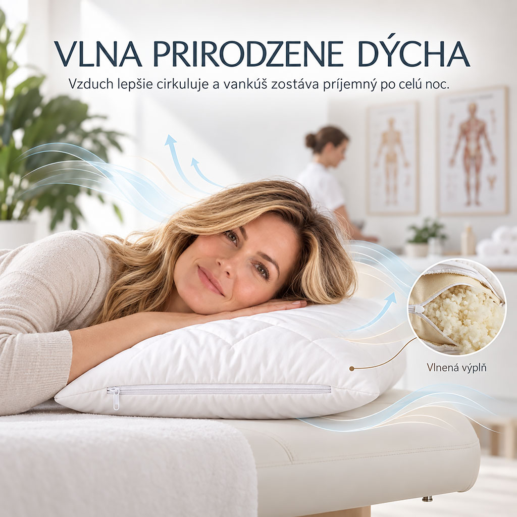 Žena na vlnenom vankúši s ilustráciou prúdenia vzduchu a detailom vlnenej výplne