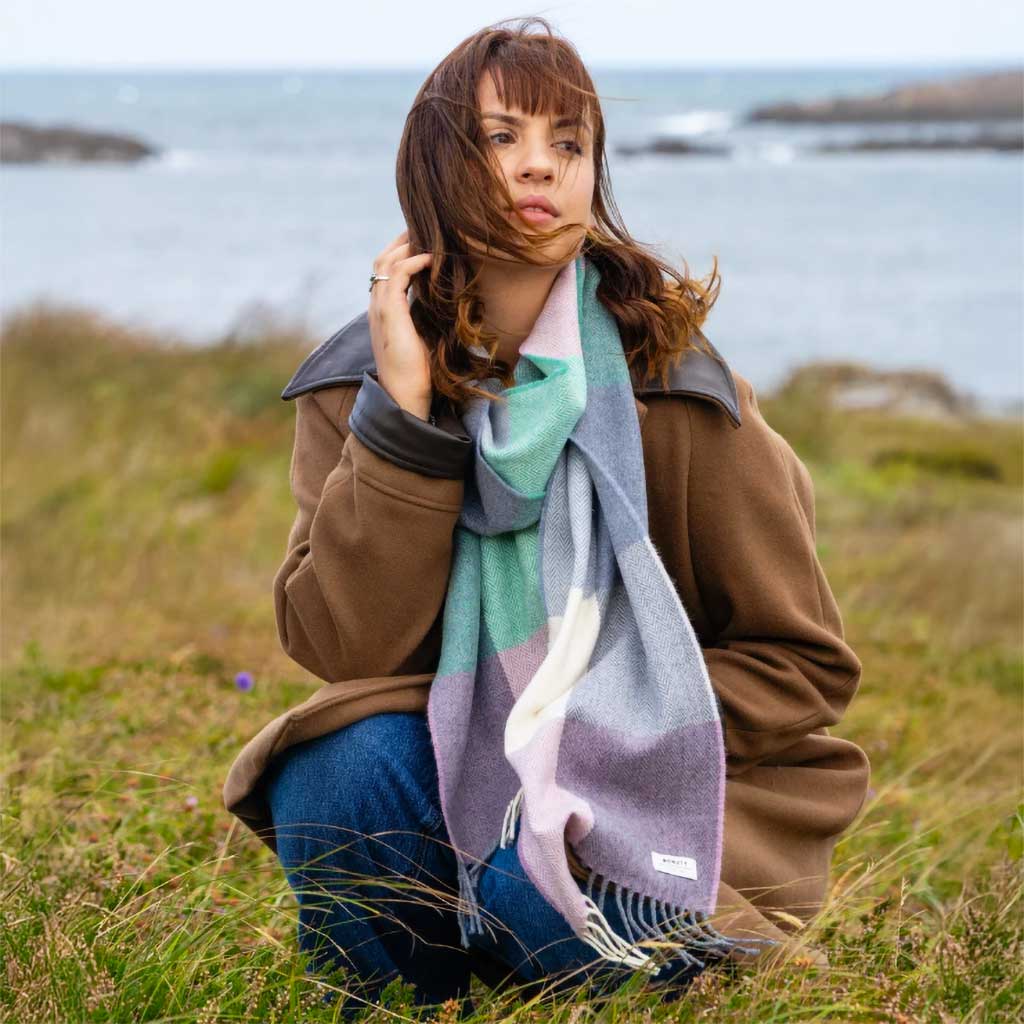 Dámsky kockovaný merino šál – lila, spearmint zelená a krémová, 100 % jahňacia vlna