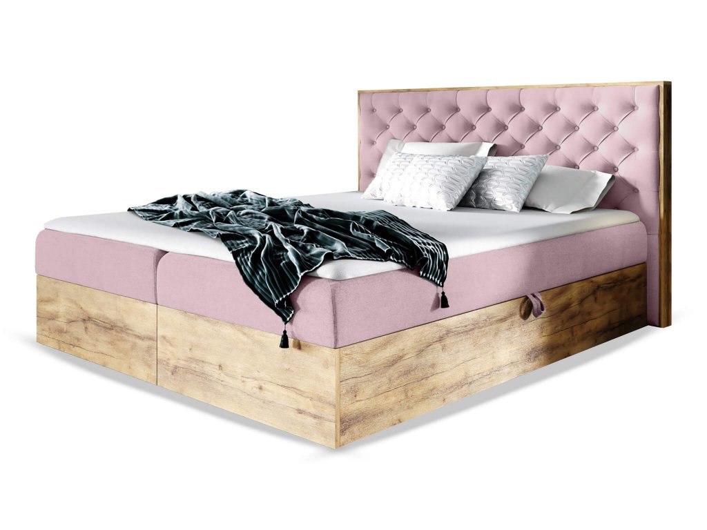 Rózsaszín WOOD 3 boxspring ágyneműtartós ágy matraccal, ágyráccsal