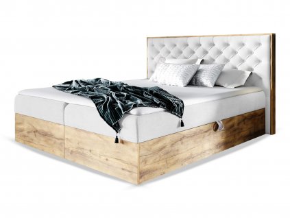 Fehér WOOD 3 boxspring ágyneműtartós ágy matraccal, ágyráccsal