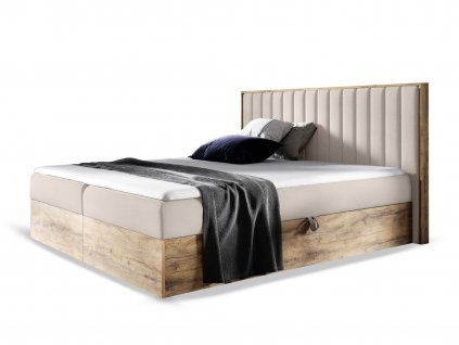 Bézs WOOD 4 ágyneműtartós boxspring ágy matraccal