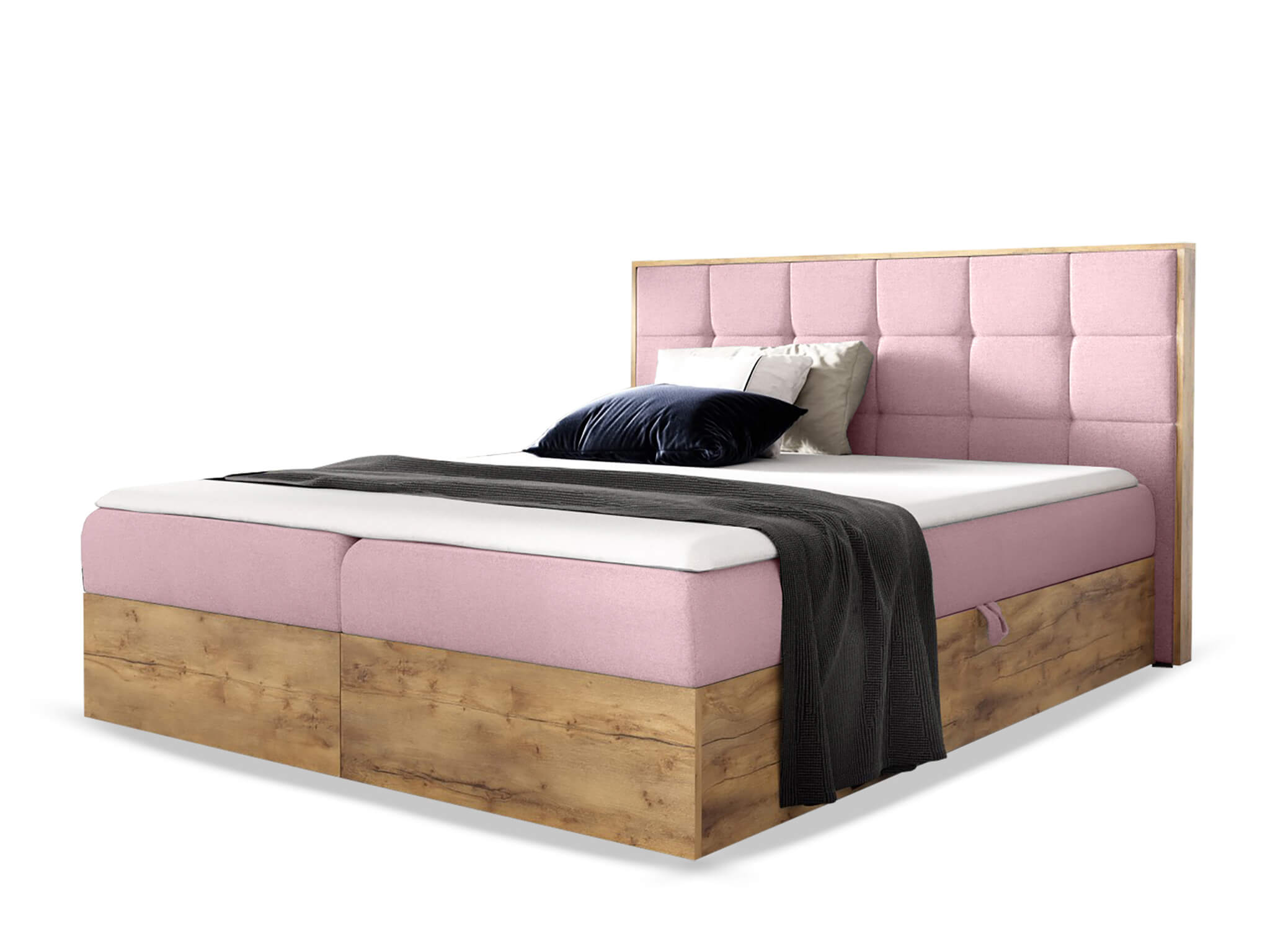 Wilsondo Rózsaszín WOOD 1 boxspring ágy ágyneműtartóval és matraccal Méret: 140x200