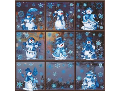 Karácsonyi sztatikus ablakmatrica karácsonyi ünnep szenteste dekoráció kék hóemberek hópelyhek 9 lap