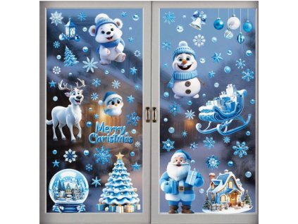 Karácsonyi sztatikus ablakmatrica karácsonyi ünnep szenteste dekoráció kék télapó mikulás szán rénszarvas házikó madár hógömb hóember jegesmedve fenyőfa karácsonyfa díszek hópelyhek csengő lámpás 9 lap
