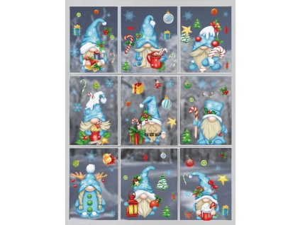 Karácsonyi sztatikus ablakmatrica karácsonyi ünnep szenteste dekoráció kék karácsonyi manók ajándékok hópelyhek 9 lap