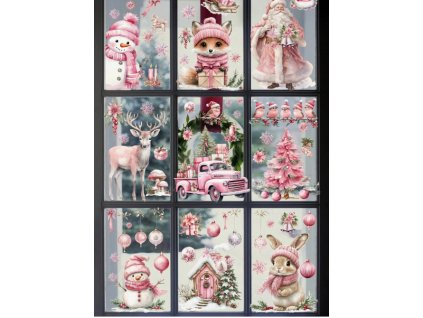 Karácsonyi sztatikus ablakmatrica karácsonyi ünnep szenteste dekoráció rózsaszín állatok fenyőfa mikulás télapó hóember szarvas autó nyuszi ajándékok hópelyhek díszek 9 lap