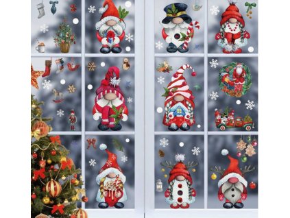 Karácsonyi sztatikus ablakmatrica karácsonyi ünnep szenteste dekoráció piros karácsonyi manók hópelyhek díszek 9 lap